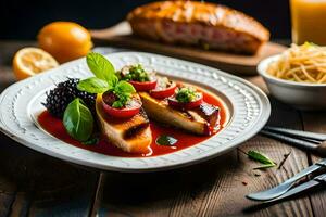 gegrillt Hähnchen mit Tomate Soße und Brot auf ein Platte. KI-generiert foto