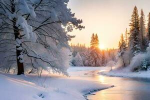 ein Fluss im das Schnee. KI-generiert foto