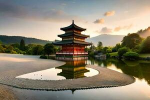 das japanisch Pagode im das Mitte von ein See. KI-generiert foto