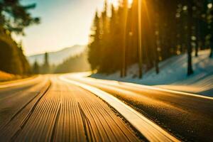 ein Straße im das Berge mit das Sonne leuchtenden. KI-generiert foto