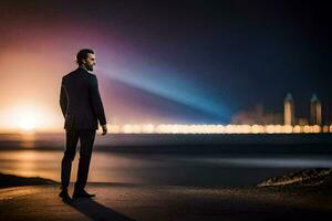 ein Mann im ein passen steht auf das Strand beim Nacht. KI-generiert foto