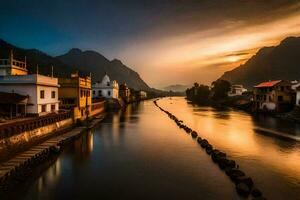 ein Fluss im das Berge beim Sonnenuntergang. KI-generiert foto