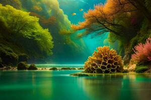 ein schön unter Wasser Szene mit bunt Koralle und Bäume. KI-generiert foto