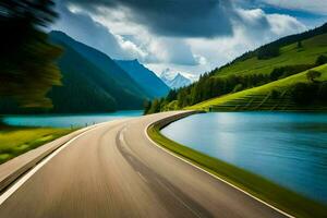 ein Straße mit Berge und Wasser im das Hintergrund. KI-generiert foto