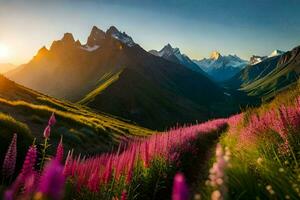 das Sonne steigt an Über das Berge und Blumen im das Vordergrund. KI-generiert foto