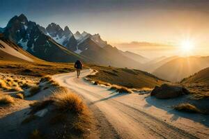 ein Mann Spaziergänge auf ein Straße im das Berge. KI-generiert foto