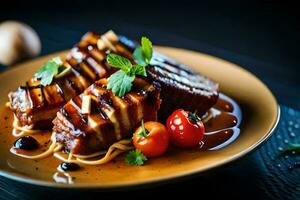 ein Teller von Fleisch mit Soße und Tomaten. KI-generiert foto