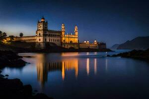 das Schloss beim Nacht im das Ozean. KI-generiert foto