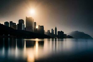 das Stadt Horizont ist reflektiert im das Wasser. KI-generiert foto