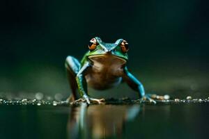 ein Frosch ist Stehen auf das Wasser Oberfläche. KI-generiert foto