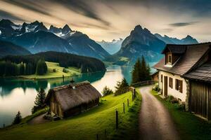 das Haus ist umgeben durch Berge und ein See. KI-generiert foto