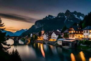 ein Stadt, Dorf ist zündete oben beim Dämmerung durch das Fluss. KI-generiert foto