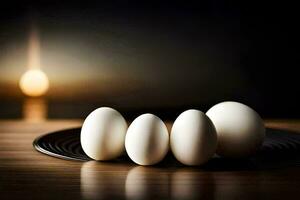 fünf Eier auf ein schwarz Teller mit ein Licht im das Hintergrund. KI-generiert foto