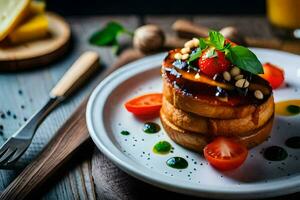 ein Teller mit Toast, Tomaten und Kiefer Nüsse. KI-generiert foto