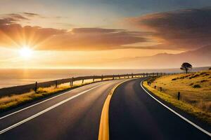 ein lange Straße mit das Sonne Rahmen hinter Es. KI-generiert foto