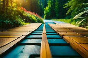 ein hölzern Brücke im das Mitte von ein Wald. KI-generiert foto