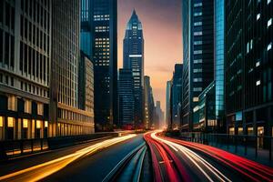 ein Stadt Straße beim Dämmerung mit Licht Wanderwege von Autos. KI-generiert foto