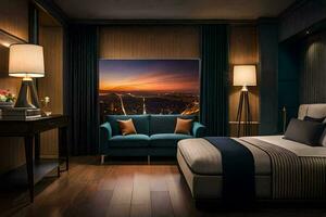 ein Hotel Zimmer mit ein Aussicht von das Stadt. KI-generiert foto