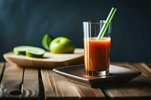 ein Glas von Saft mit ein Stroh auf ein hölzern Tisch. KI-generiert foto