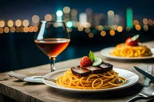 Spaghetti mit Fleisch und Gemüse auf ein Teller mit ein Glas von Wein. KI-generiert foto