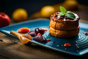 ein Dessert auf ein Blau Teller mit ein hölzern Löffel. KI-generiert foto