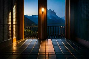 ein Zimmer mit ein Licht leuchtenden durch das Tür und ein Aussicht von Berge. KI-generiert foto