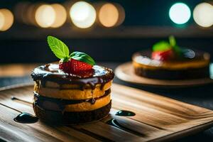 ein Dessert auf ein hölzern Tablett mit ein Erdbeere. KI-generiert foto