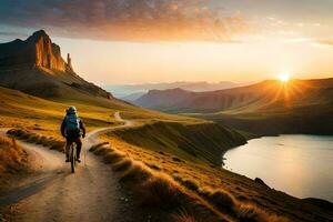 ein Mann Reiten ein Fahrrad auf ein Pfad durch ein Berg Schlucht. KI-generiert foto