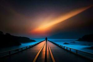 ein Mann steht auf ein Brücke beim Sonnenuntergang. KI-generiert foto