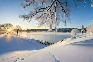 ein Winter Landschaft mit Bäume und das Sonne leuchtenden. KI-generiert foto