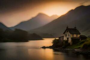 ein Haus sitzt auf das Ufer von ein See beim Sonnenuntergang. KI-generiert foto