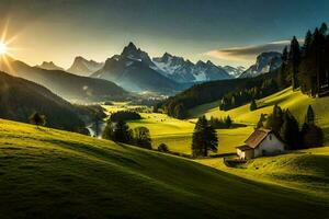 das Sonne steigt an Über das Berge im das Hintergrund. KI-generiert foto