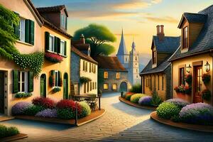 Foto Hintergrund das Himmel, Blumen, Häuser, Straße, Sonnenuntergang, das Dorf, das Sonnenuntergang,. KI-generiert
