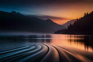 ein See beim Sonnenuntergang mit Wellen und Berge im das Hintergrund. KI-generiert foto