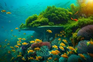 ein Koralle Riff mit viele Fisch und Pflanzen. KI-generiert foto