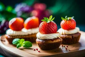 klein Cupcakes mit Erdbeeren auf ein hölzern Platte. KI-generiert foto