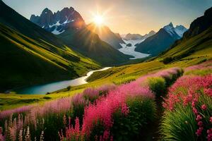 das Sonne steigt an Über das Berge und Blumen im das Schlucht. KI-generiert foto