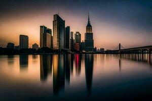 das Stadt Horizont ist reflektiert im das Wasser beim Sonnenuntergang. KI-generiert foto