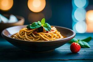 Spaghetti mit Tomate Soße und Basilikum Blätter im ein hölzern Schüssel. KI-generiert foto