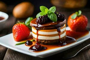 ein Dessert mit Erdbeeren und Sahne auf ein Weiß Platte. KI-generiert foto