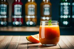 ein Glas von Orange Saft auf ein hölzern Tisch. KI-generiert foto