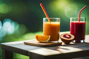 zwei Brille von Saft mit Orange Scheiben auf ein Tisch. KI-generiert foto