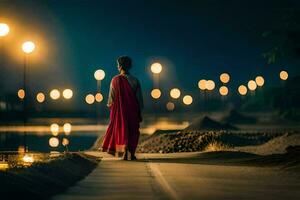 ein Frau im ein rot Kleid Gehen auf ein Pfad beim Nacht. KI-generiert foto