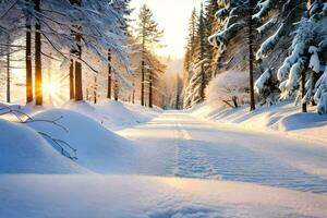 Winter Straße im das Wald. KI-generiert foto