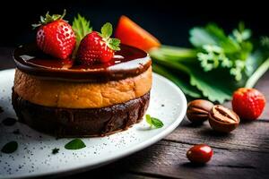 ein Schokolade Kuchen mit Erdbeeren auf oben. KI-generiert foto