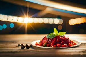 ein Teller von Erdbeeren und Minze auf ein hölzern Tisch. KI-generiert foto