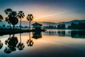 ein See und Palme Bäume beim Sonnenuntergang. KI-generiert foto