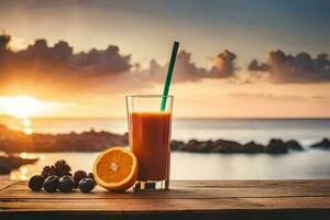 ein Glas von Orange Saft mit ein Stroh und ein Blaubeere auf ein hölzern Tabelle im Vorderseite von. KI-generiert foto