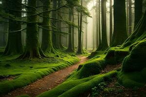 ein Pfad durch ein Wald mit moosig Bäume. KI-generiert foto