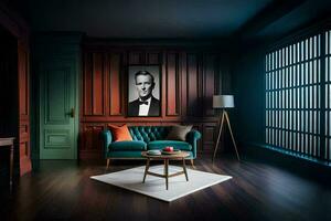 ein Zimmer mit ein Blau Couch und ein Porträt von Person. KI-generiert foto